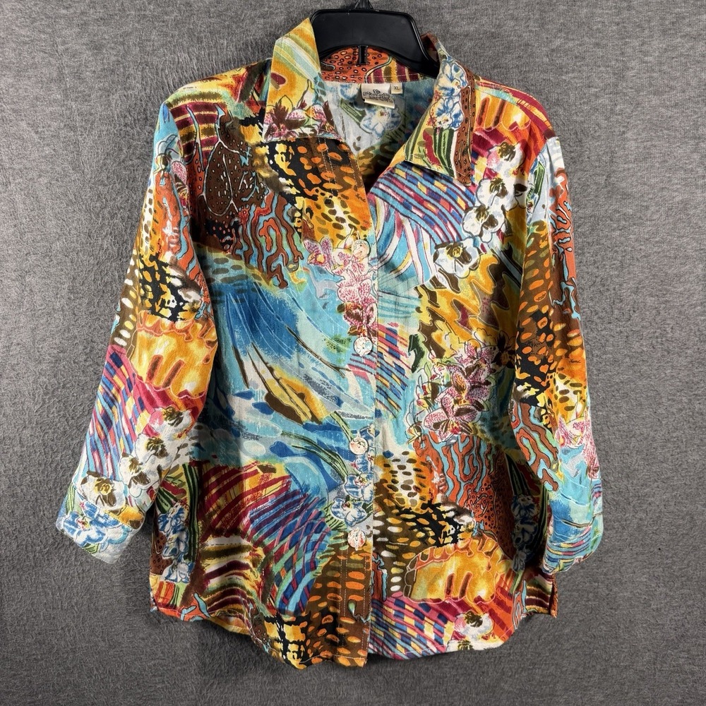Parsley & Sage Blouse Jacket Women Size XL Colorful Button Up Art To Wear City